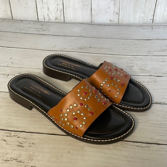 Donald J Pliner Tobacco Leather Studded Slide Sandal - Picture 1 of 11